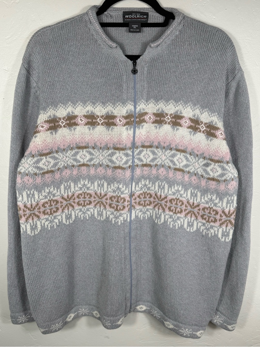 Woolrich Zip-Up Fair Isle Knit Sweater Cotton Raimie XL Gray Pink White Brown